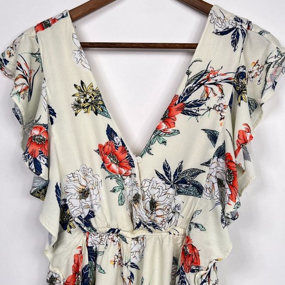 MinkPink Cream Floral Boho Ruffle Flutter Sleeve Tie Back Feminine Romper Sz XS - Picture 6 of 11